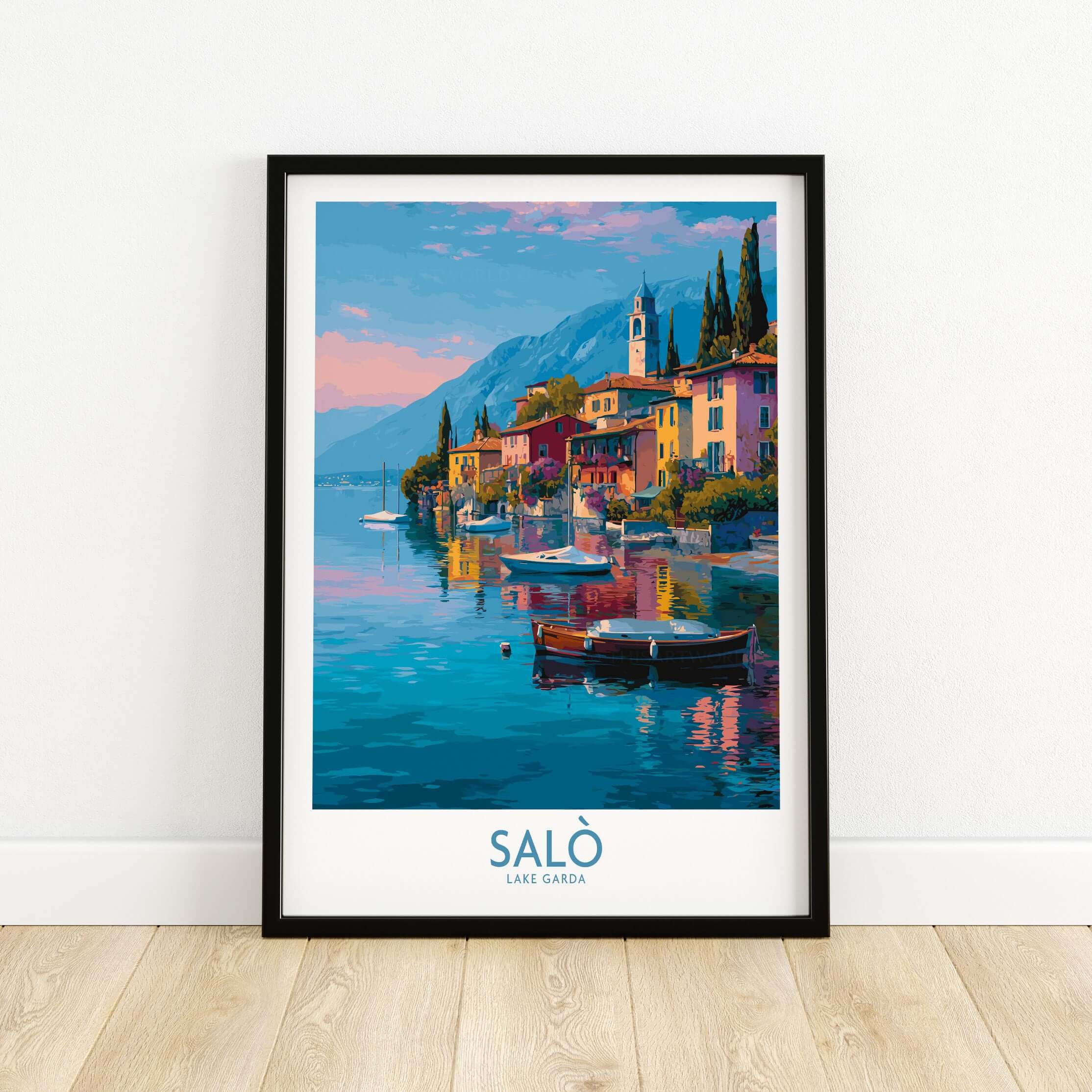 Salò Lake Garda Italy Sunset Art Print | Lakeside Boats Poster showcasing vibrant lakeside scenery with boats.