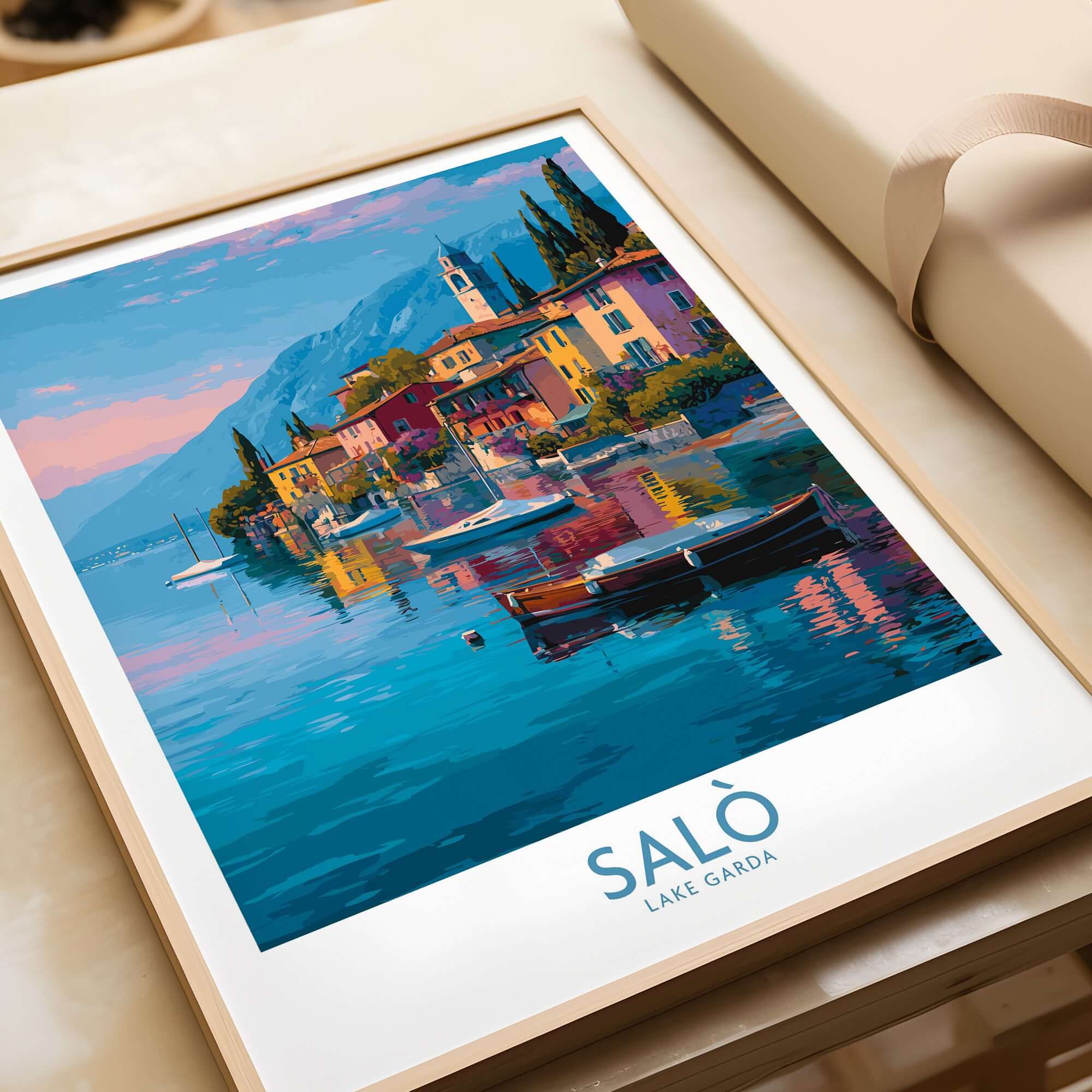 Salò Lake Garda Italy Sunset Art Print | Lakeside Boats Poster displaying serene lakeside scenery and beautiful colors.