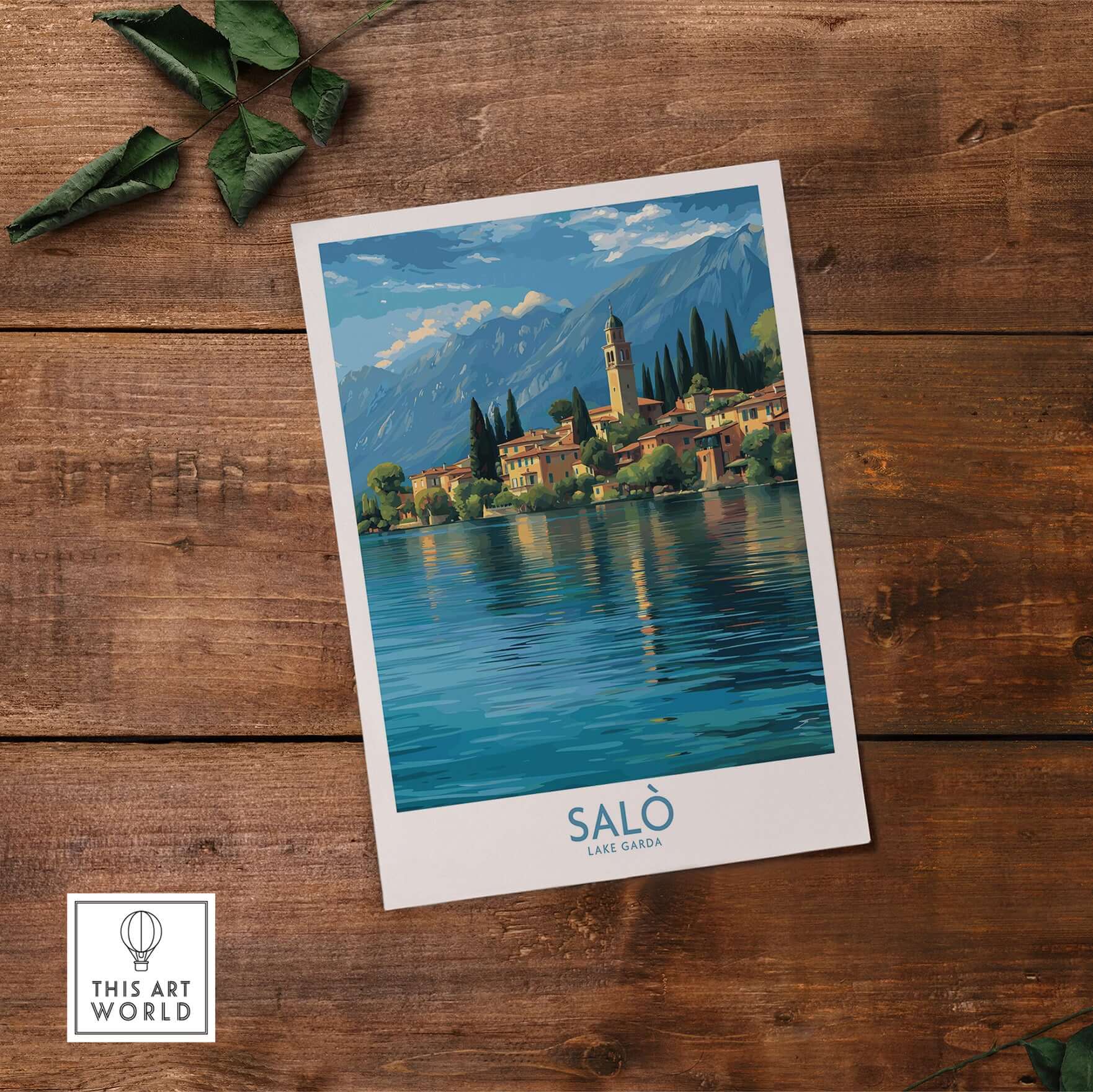 Salò Lake Garda Italy Village Art Print | Coastal Town Landscape Poster showcasing tranquil waters and mountains.