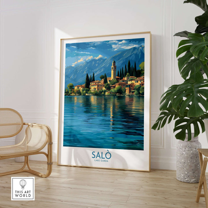 Salò Lake Garda Italy Village Art Print | Coastal Town Landscape Poster displayed in a modern living room setting.