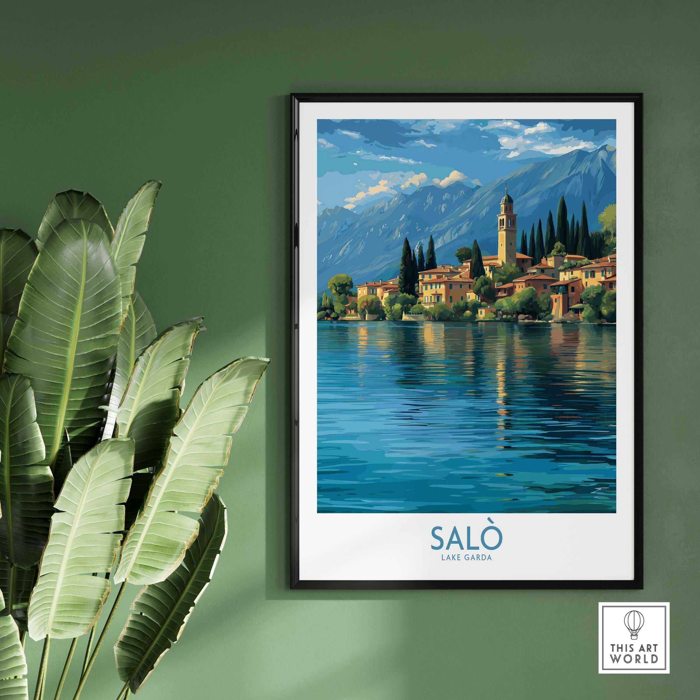 Salò Lake Garda Italy Village Art Print | Coastal Town Landscape Poster framed on green wall with plants.