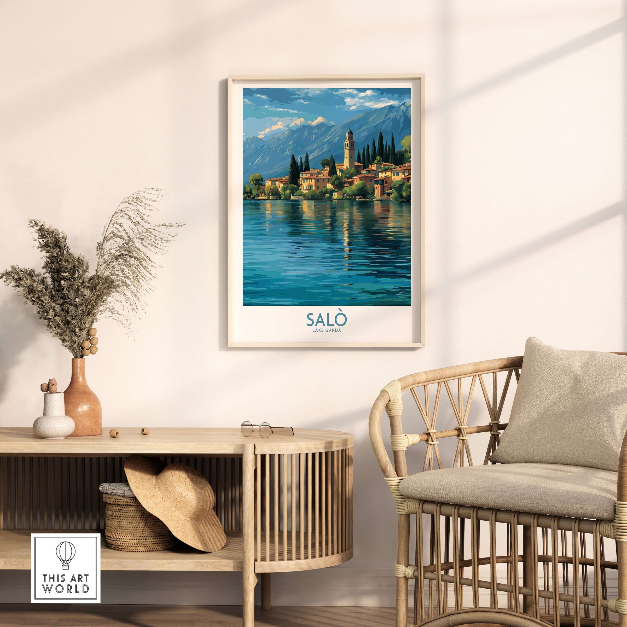 Salò Lake Garda Italy Village Art Print | Coastal Town Landscape Poster placed in a stylish living room setting.