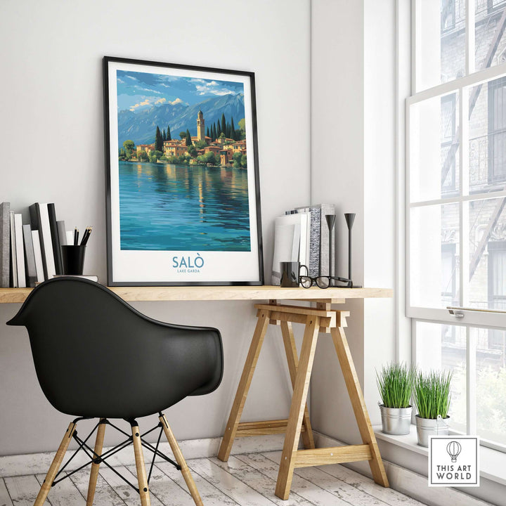 Salò Lake Garda Italy Village Art Print | Coastal Town Landscape Poster displayed in a modern home office setting.