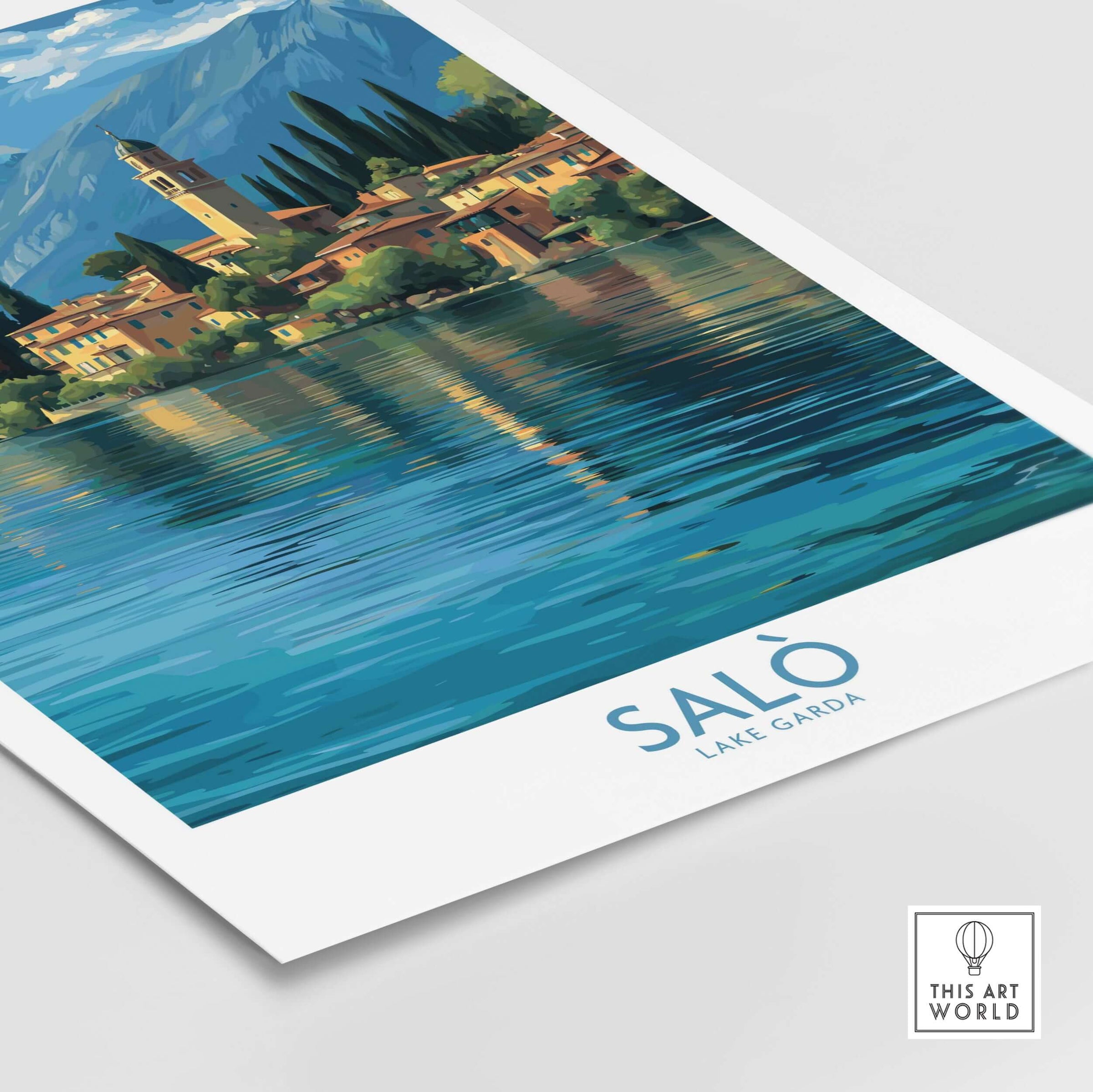 Salò Lake Garda Italy Village Art Print | Coastal Town Landscape Poster showcasing tranquil waters and charming architecture.