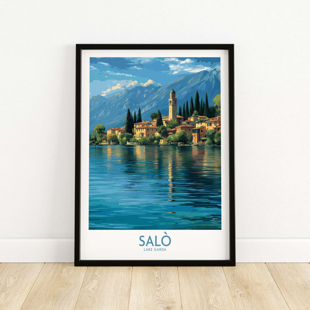 Salò Lake Garda Italy Village Art Print | Coastal Town Landscape Poster showcasing a serene lakeside view.