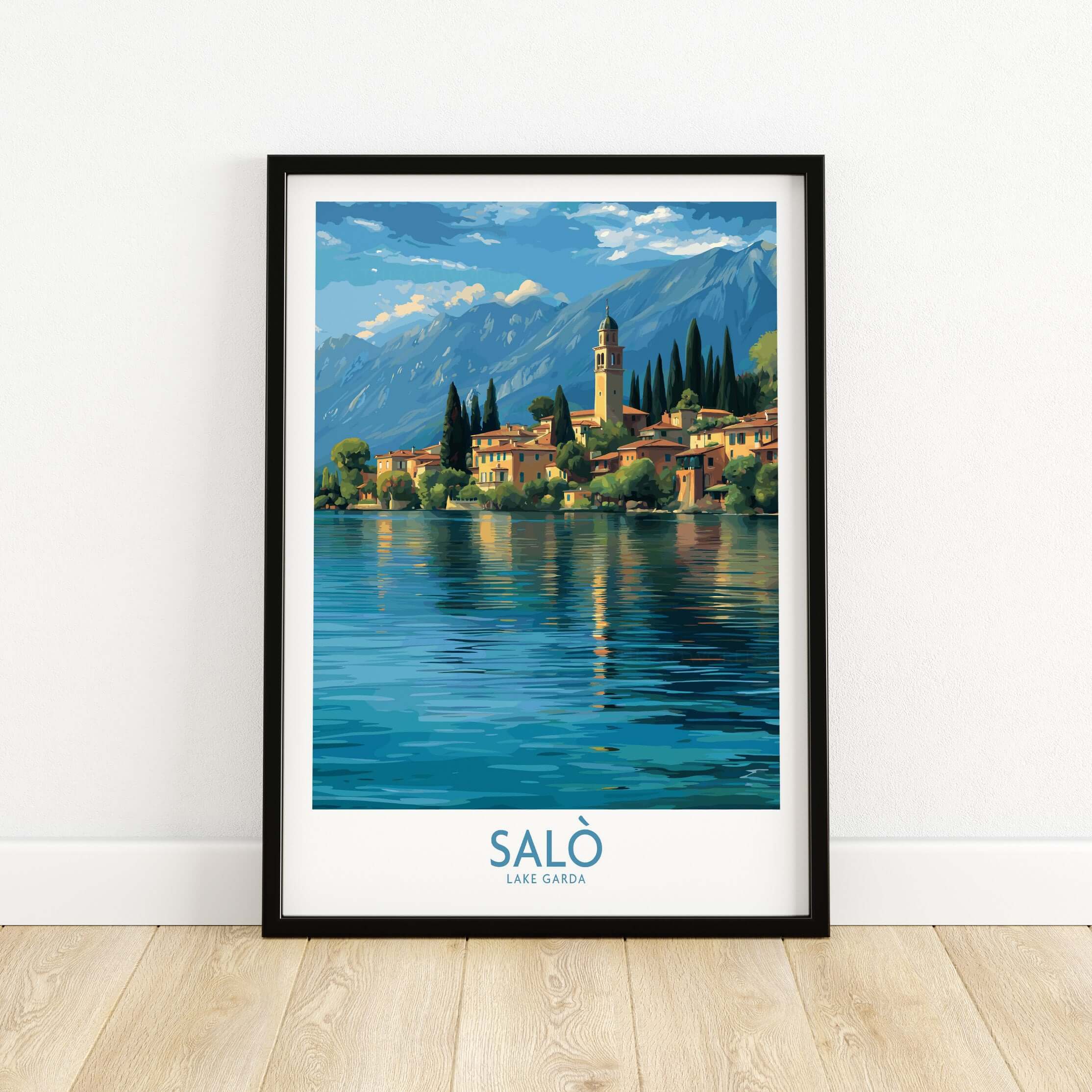Salò Lake Garda Italy Village Art Print | Coastal Town Landscape Poster featuring serene waters and mountains.