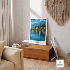 Salò Lake Garda Italy Village Art Print | Coastal Town Landscape Poster displayed in a cozy living room setting.