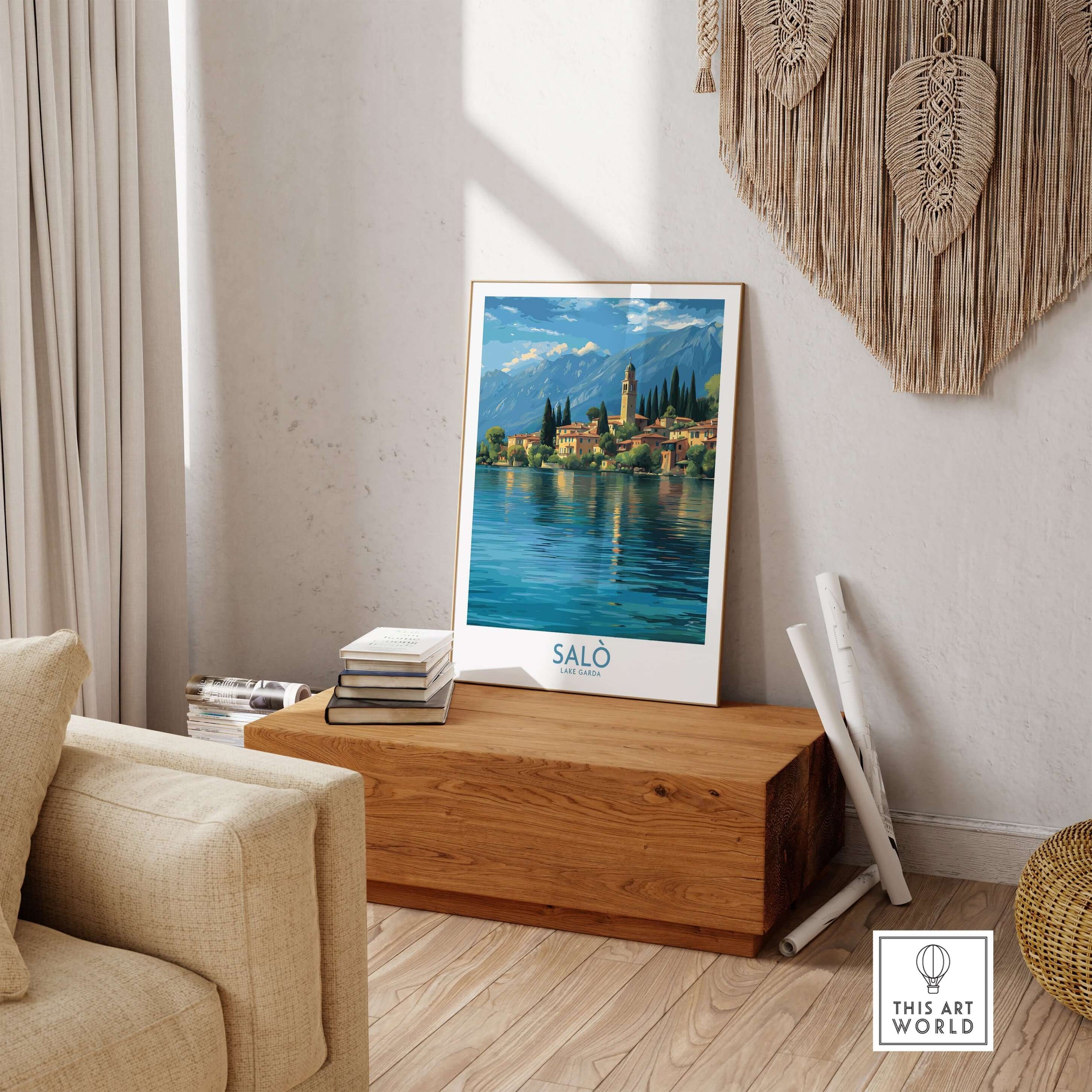 Salò Lake Garda Italy Village Art Print | Coastal Town Landscape Poster displayed in a cozy living room setting.