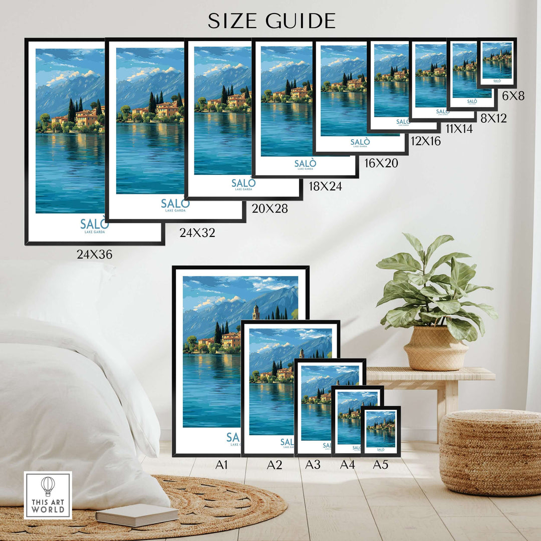 Salò Lake Garda Italy Village Art Print | Coastal Town Landscape Poster size guide with various frame dimensions.
