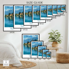 Salò Lake Garda Italy Village Art Print | Coastal Town Landscape Poster size guide with various frame dimensions.