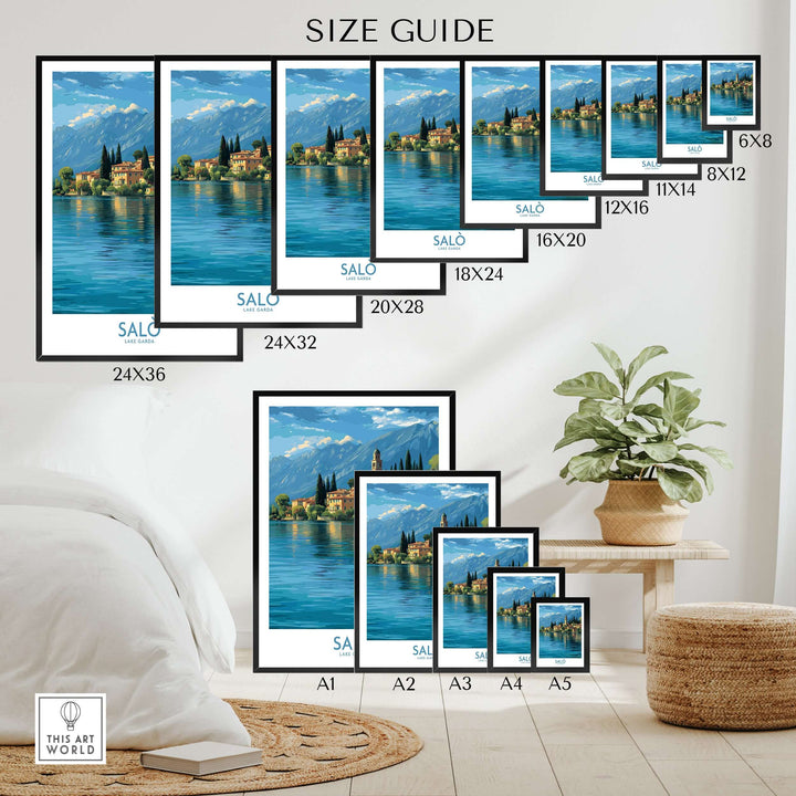 Salò Lake Garda Italy Village Art Print | Coastal Town Landscape Poster size guide with various frame dimensions.
