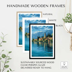Salò Lake Garda Print | Italian Alps Wall Decor displayed in handmade wooden frames, showcasing natural, white, and black finishes.