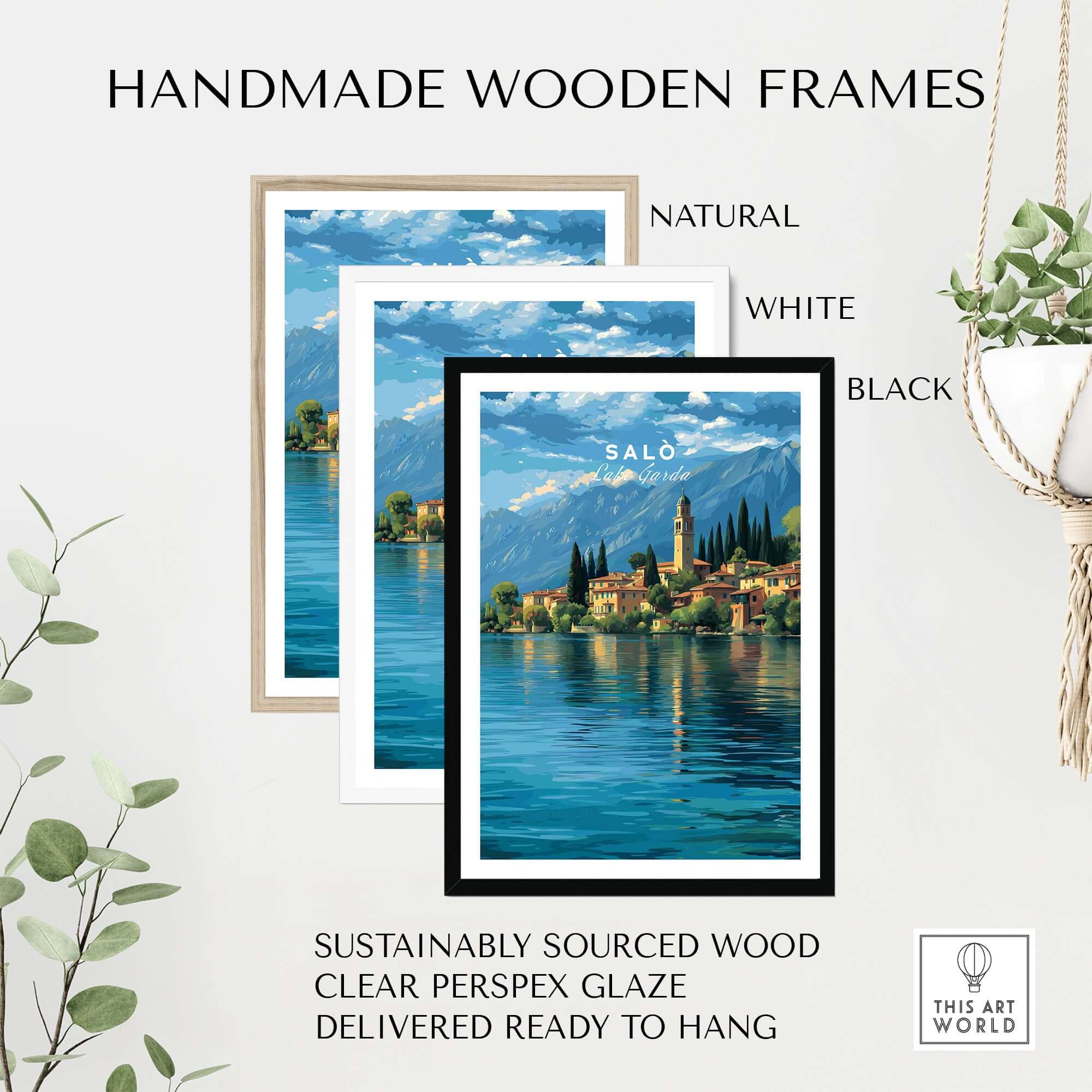 Salò Lake Garda Print | Italian Alps Wall Decor displayed in handmade wooden frames, showcasing natural, white, and black finishes.