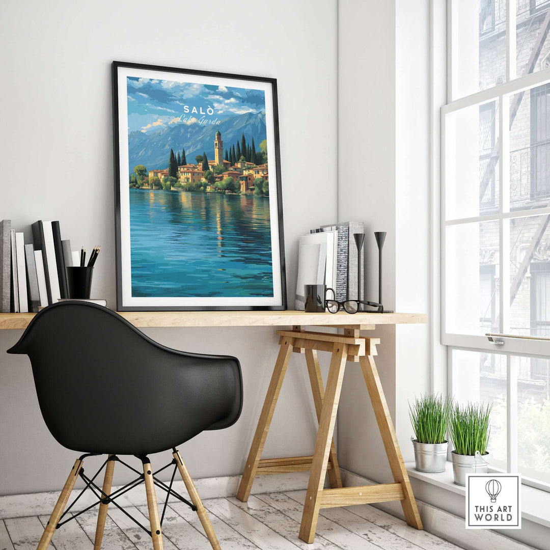 Salò Lake Garda Print | Italian Alps Wall Decor displayed in a modern home office with a stylish chair and natural light.