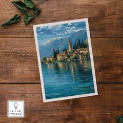 Salò Lake Garda Print | Italian Alps Wall Decor featuring a picturesque lakeside town with mountains.