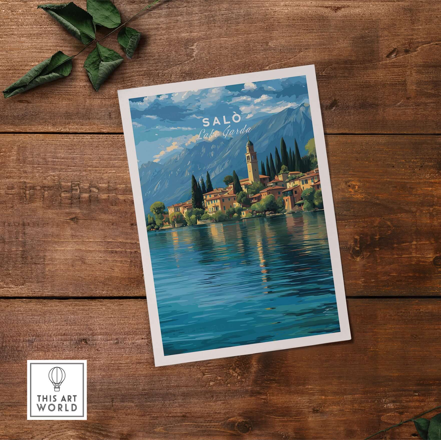 Salò Lake Garda Print | Italian Alps Wall Decor featuring a picturesque lakeside town with mountains.