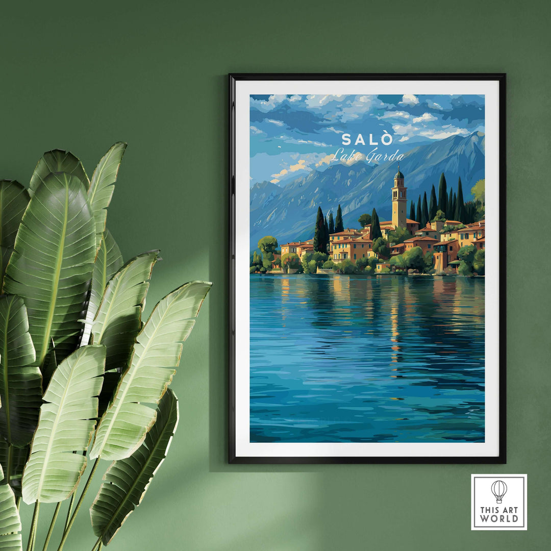 Salò Lake Garda Print | Italian Alps Wall Decor featuring serene lakeside town and mountains.