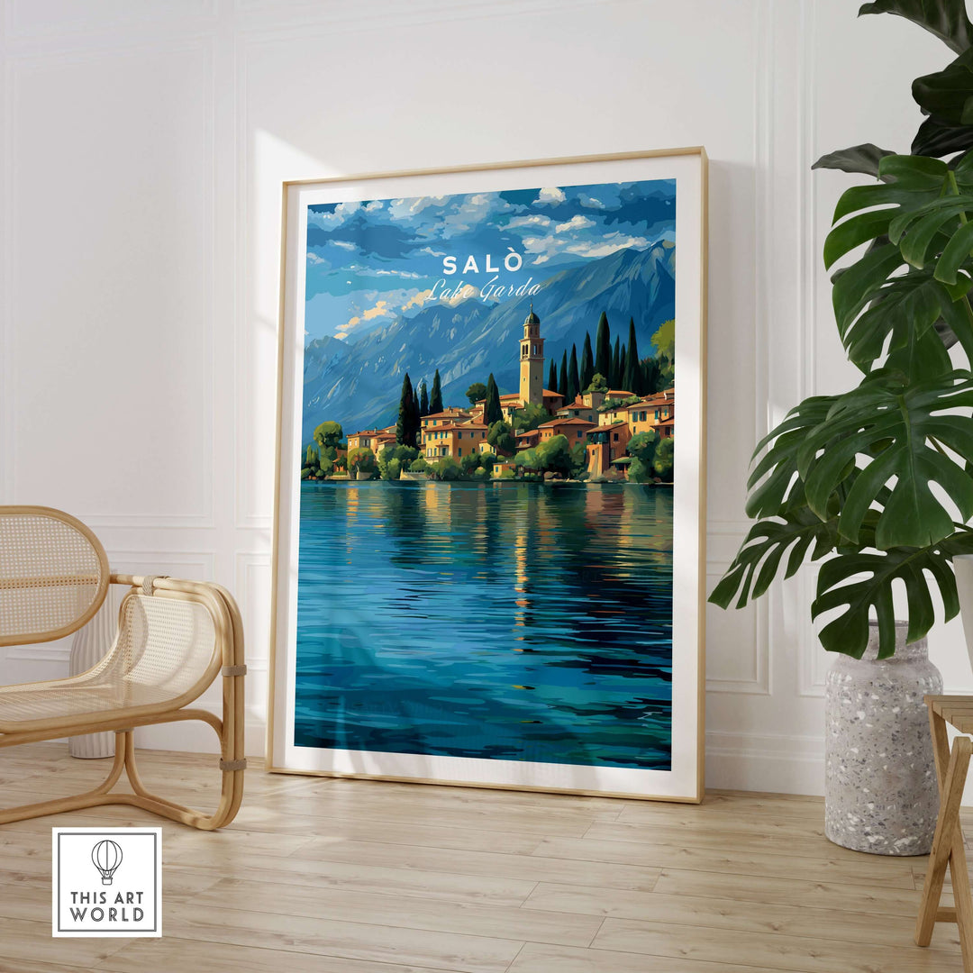 Salò Lake Garda Print | Italian Alps Wall Decor featuring serene lakeside town and mountains in vibrant colors.