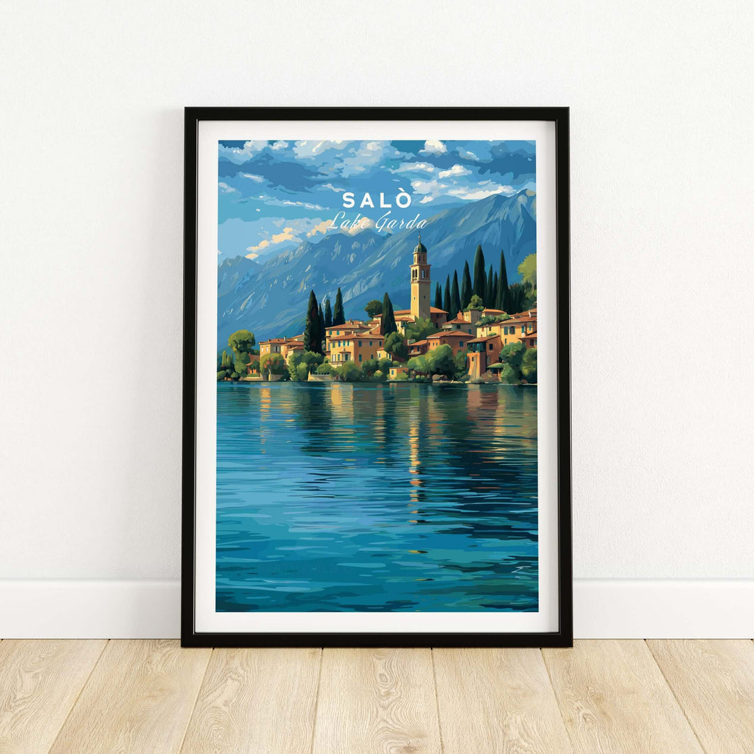 Salò Lake Garda Print | Italian Alps Wall Decor featuring serene lakeside town and mountains.