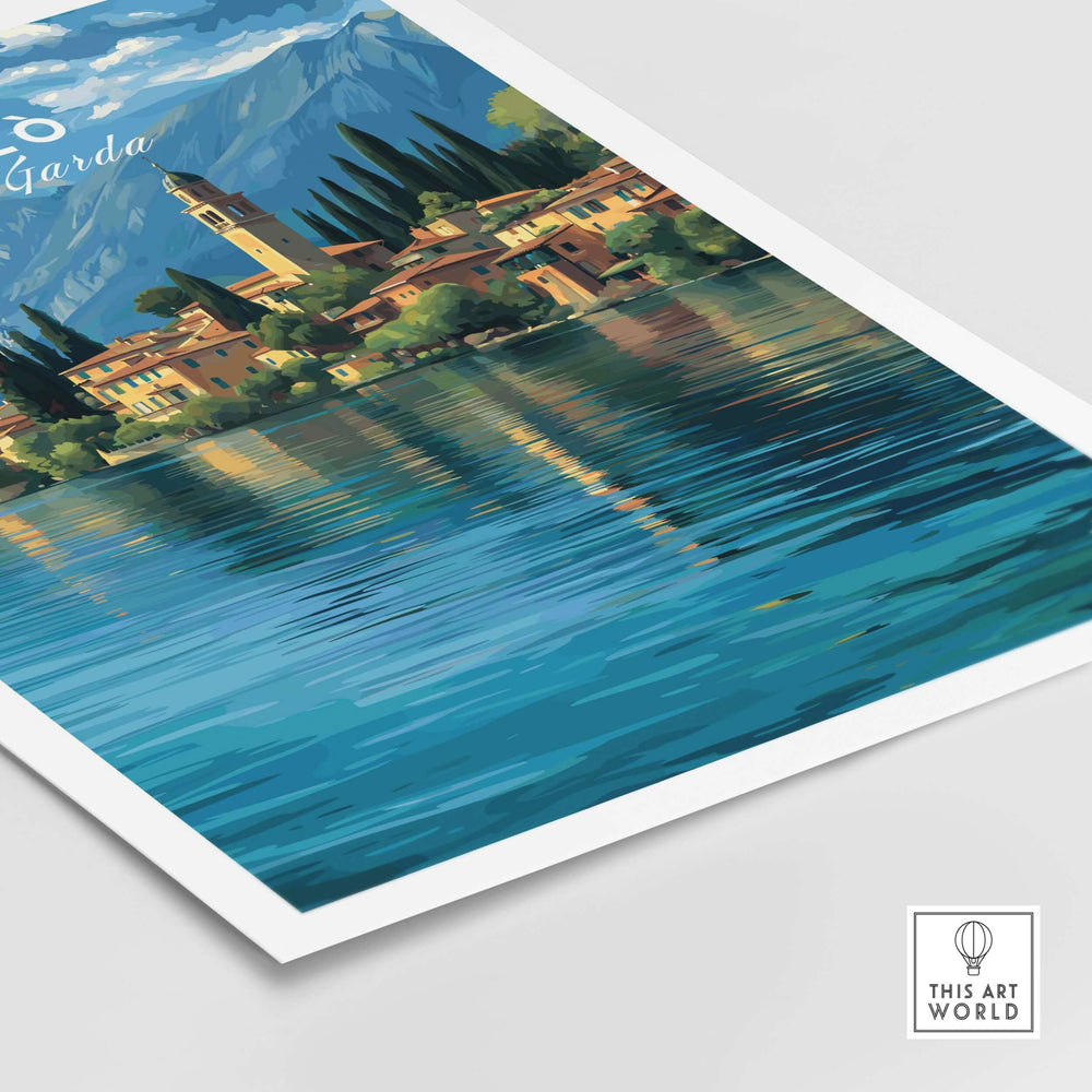 Salò Lake Garda Print | Italian Alps Wall Decor featuring a tranquil lakeside scene with mountains.