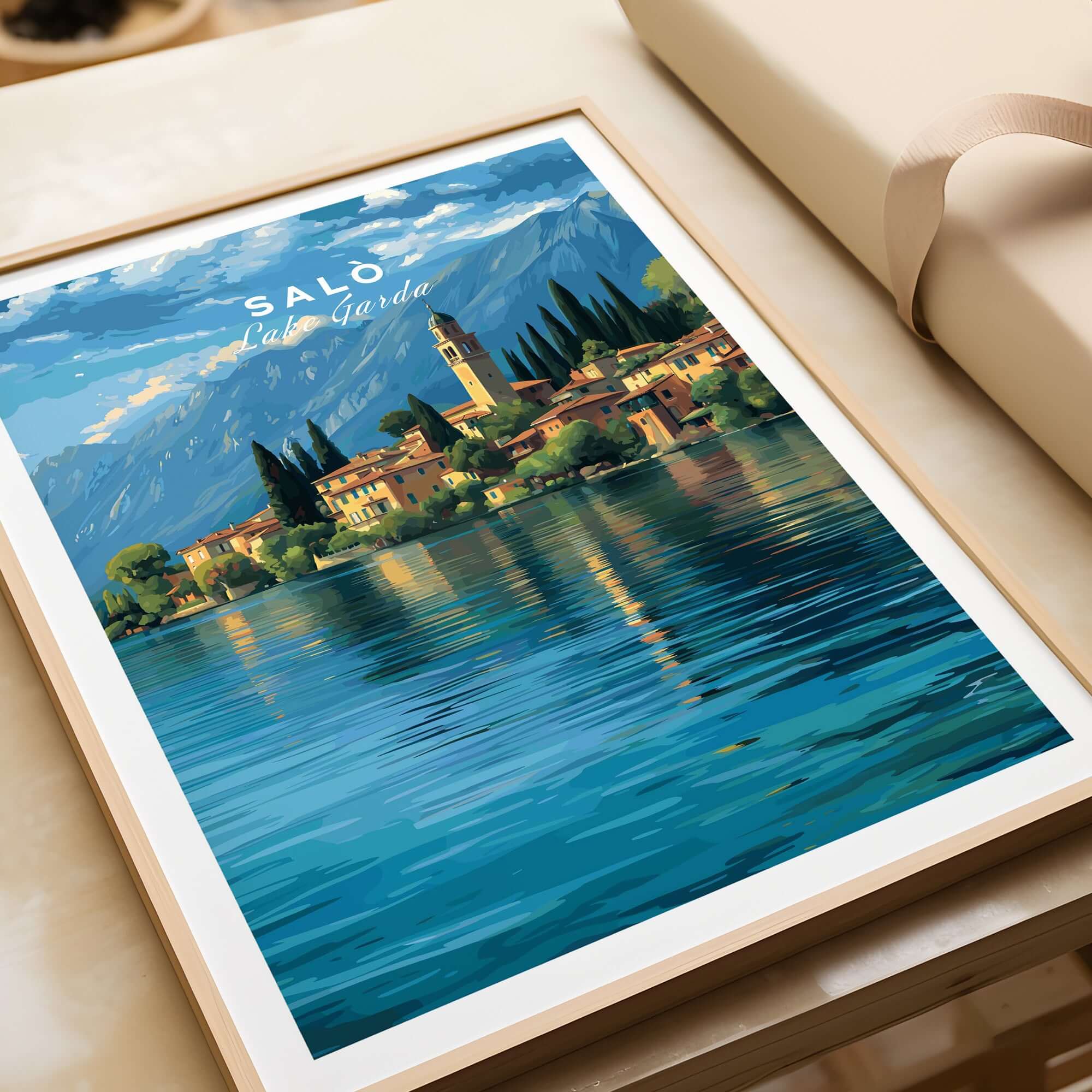 Salò Lake Garda Print | Italian Alps Wall Decor featuring a serene lakeside view and majestic mountains.