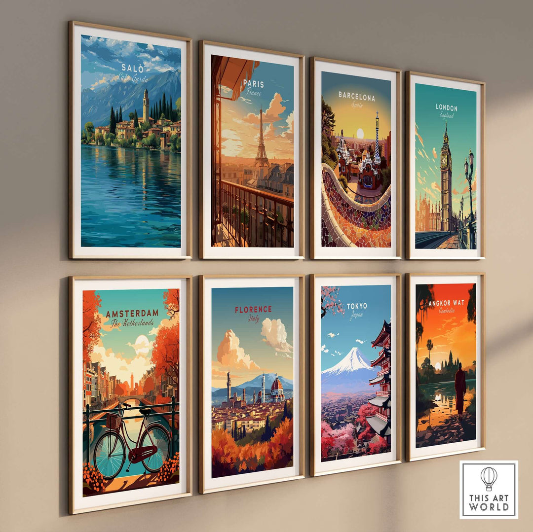 Salò Lake Garda Print | Italian Alps Wall Decor displayed among scenic city prints on a stylish wall.