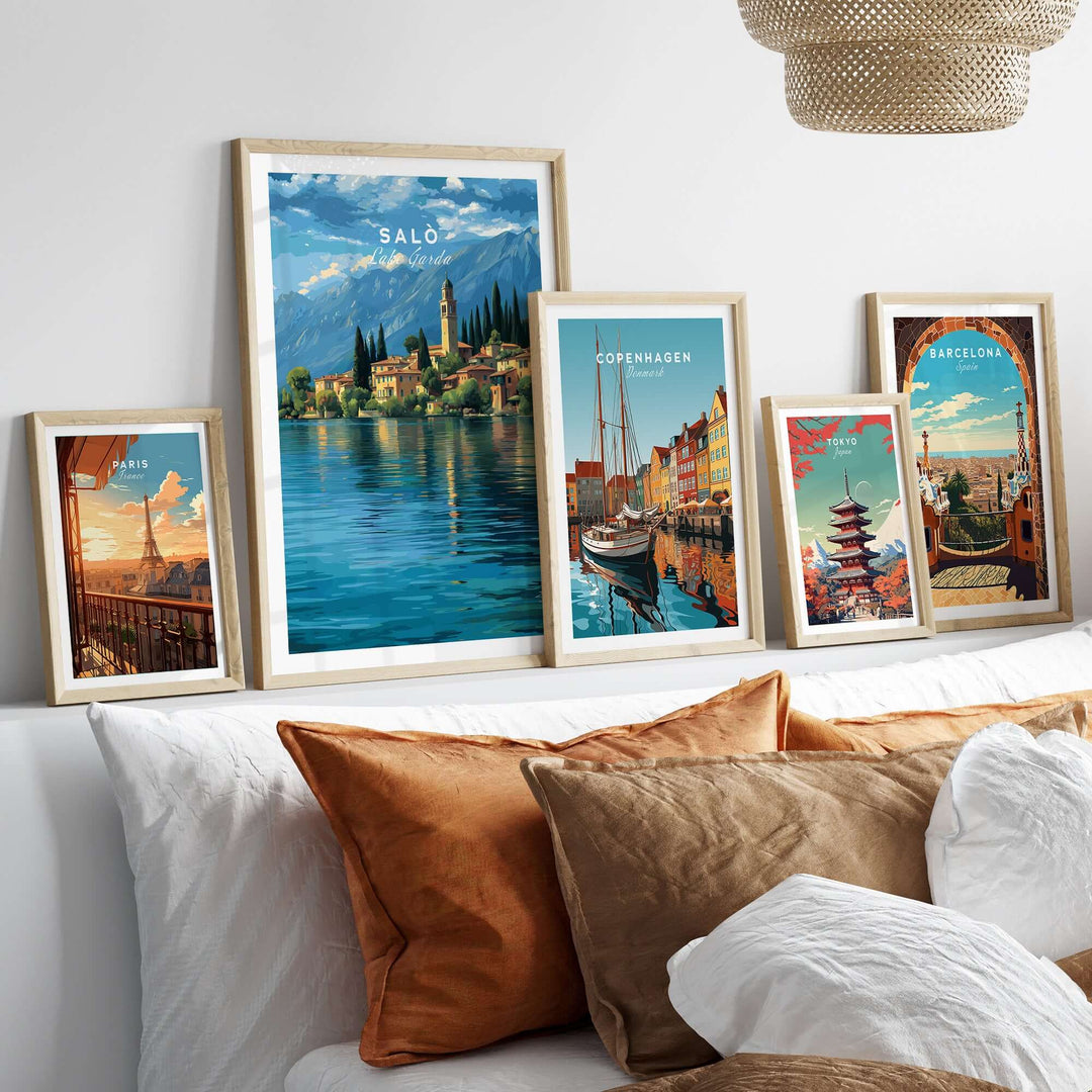 Salò Lake Garda Print | Italian Alps Wall Decor displayed among other travel prints on a modern living room wall.