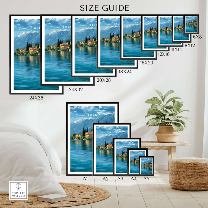 Salò Lake Garda Print | Italian Alps Wall Decor size guide showcasing various frame sizes and layout options.