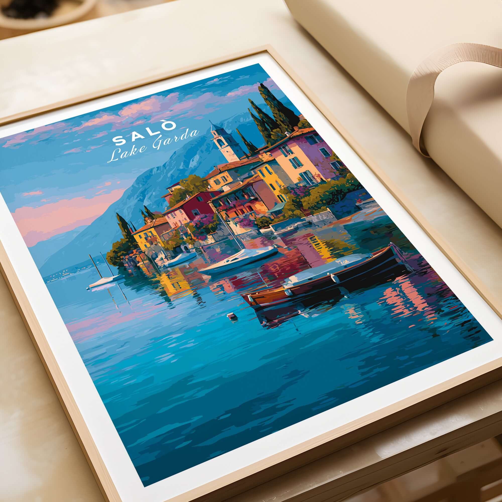 Salò Italy Print | Garda Travel Wall Art Poster featuring a vibrant lakeside view of Salò.