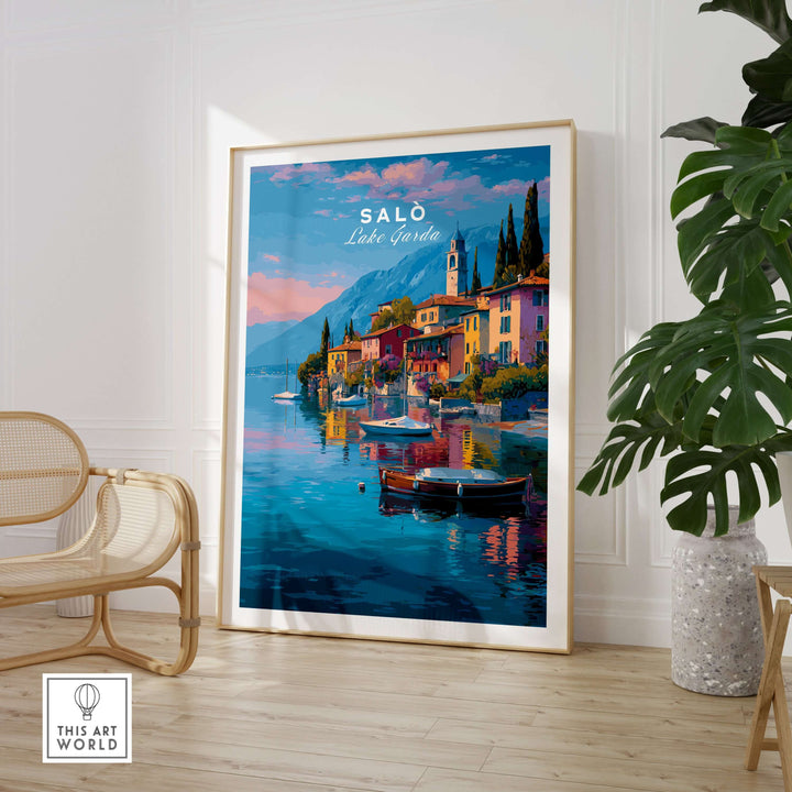 Salò Italy Print | Garda Travel Wall Art Poster featuring a vibrant lakeside scene with colorful buildings and boats.