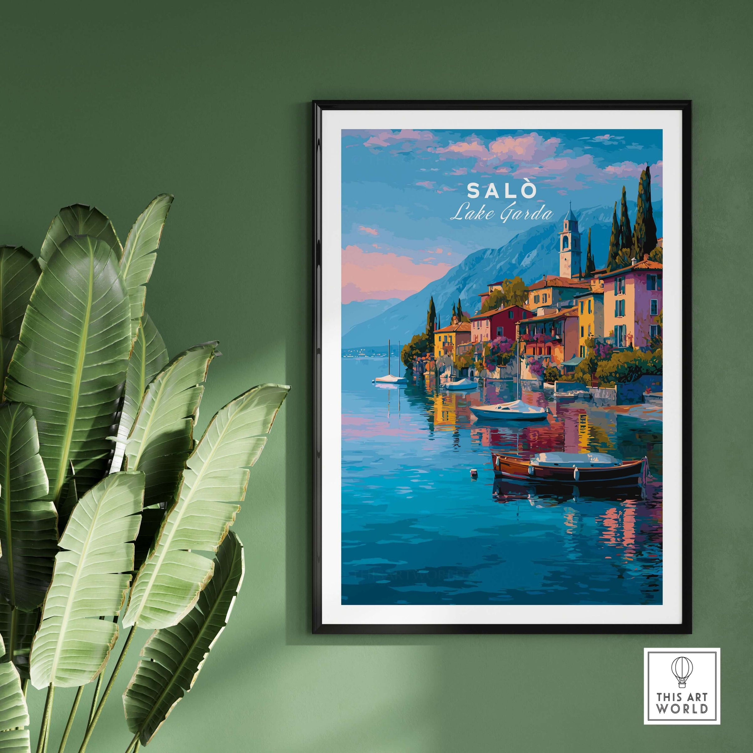 Salò Italy Print | Garda Travel Wall Art Poster showcasing picturesque waterfront and colorful buildings.