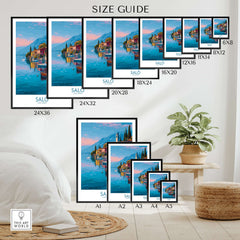 Size guide for Salò Lake Garda Italy Sunset Art Print | Lakeside Boats Poster showcasing various frame sizes.