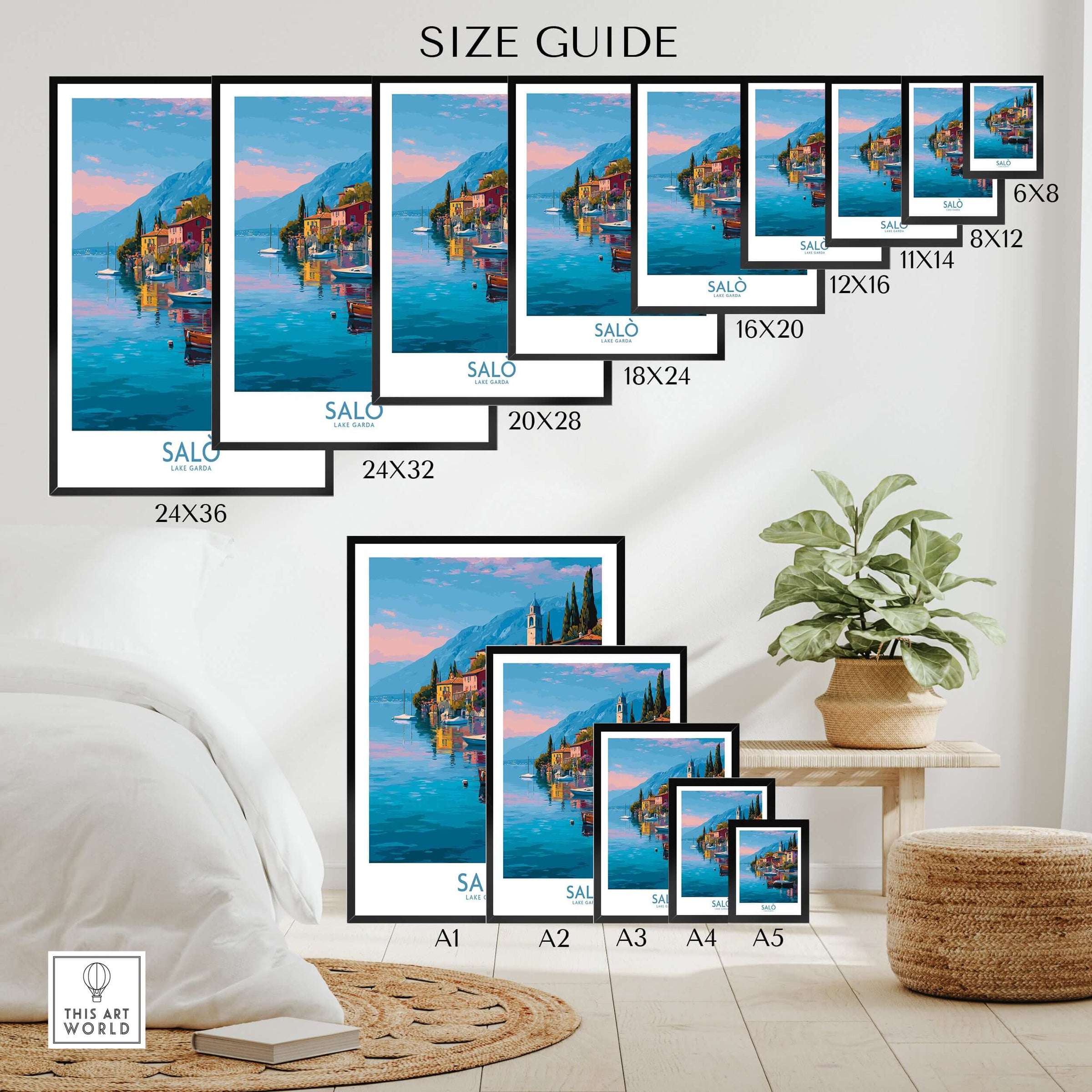 Size guide for Salò Lake Garda Italy Sunset Art Print | Lakeside Boats Poster showcasing various frame sizes.