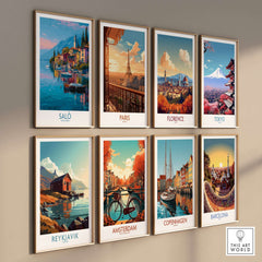 Salò Lake Garda Italy Sunset Art Print | Lakeside Boats Poster displayed with other city art prints on a wall.
