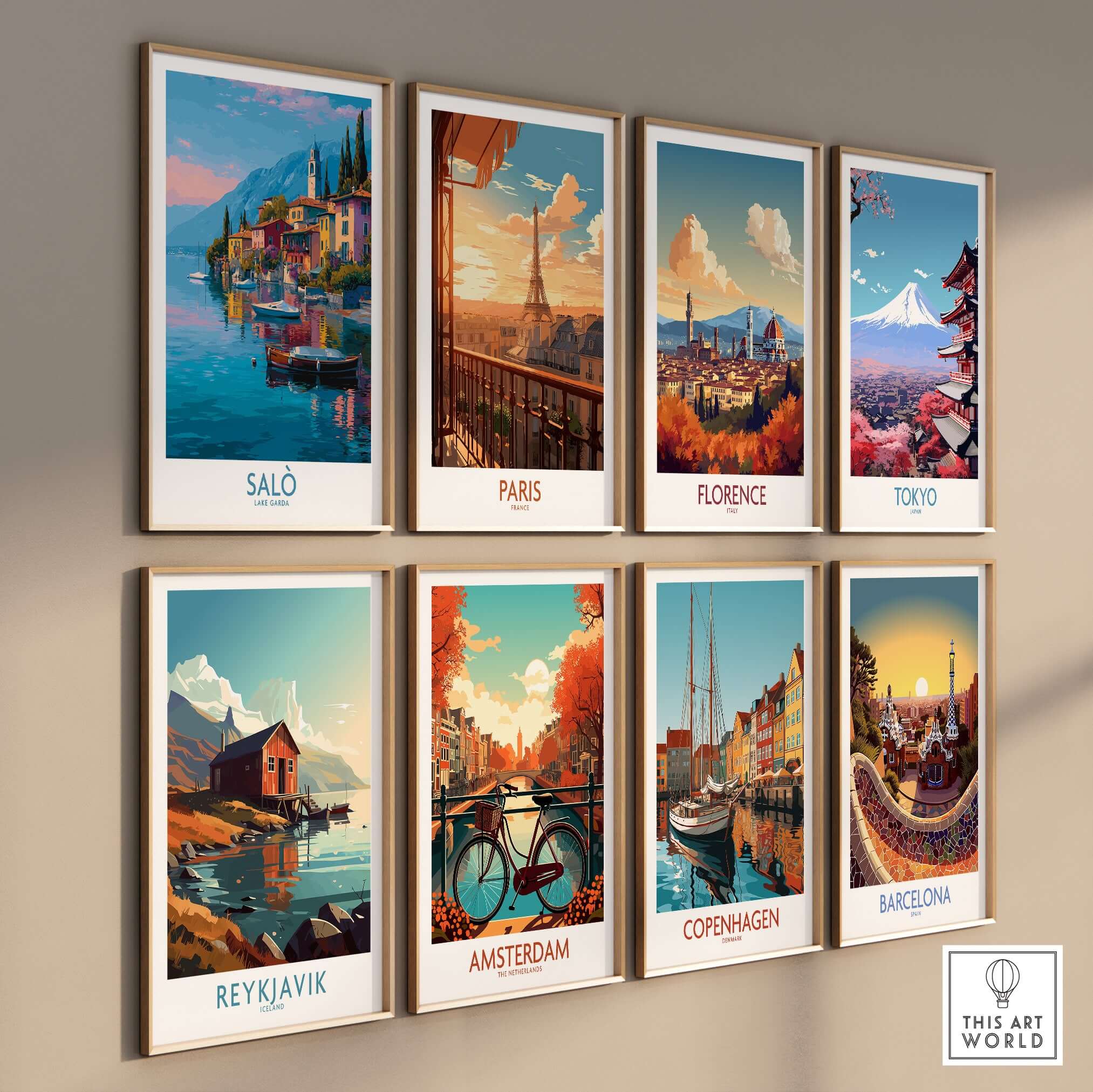 Salò Lake Garda Italy Sunset Art Print | Lakeside Boats Poster displayed with other city art prints on a wall.