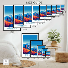 Size guide for Salt Lake City Poster showcasing dimensions and framing options for various prints.