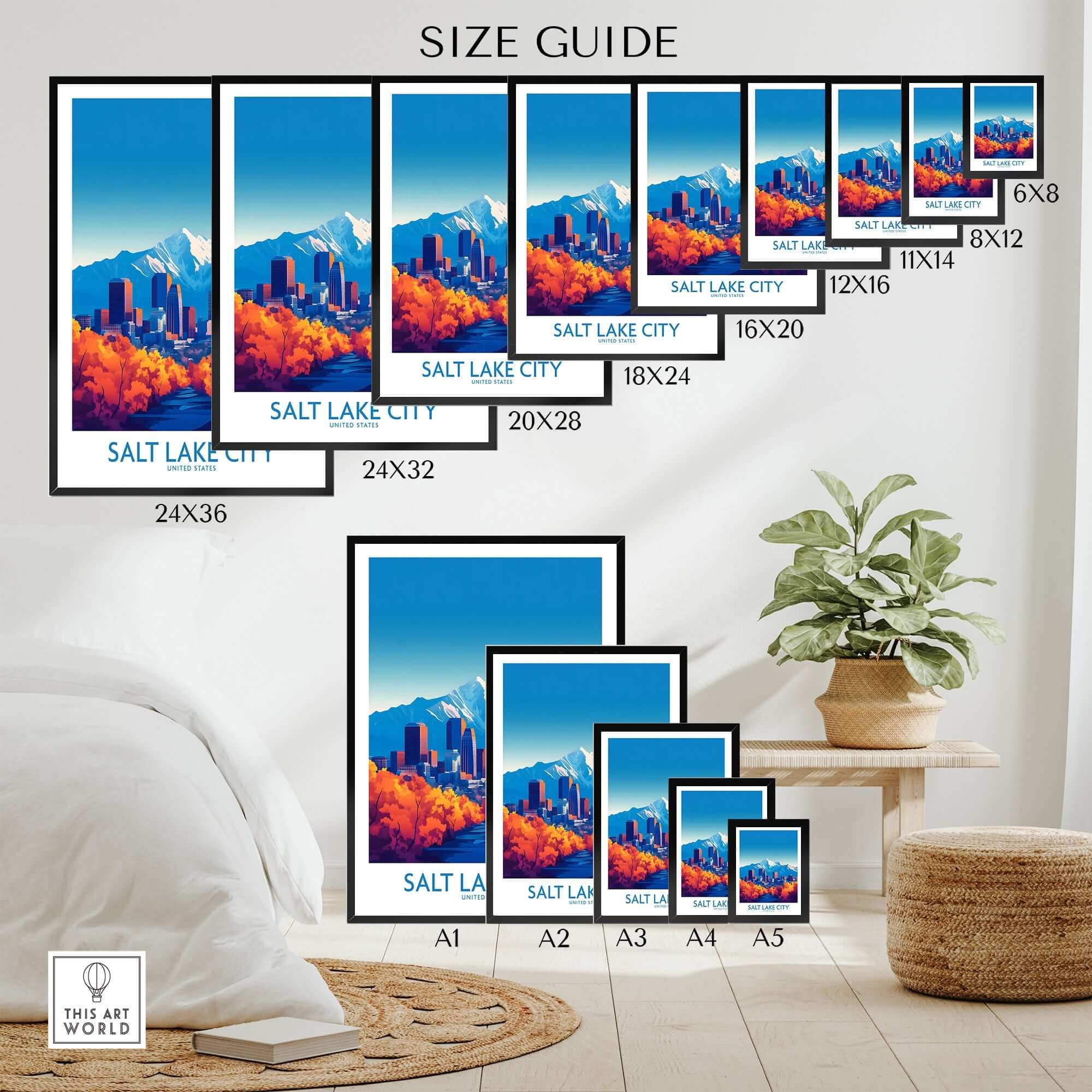 Size guide for Salt Lake City Poster showcasing dimensions and framing options for various prints.