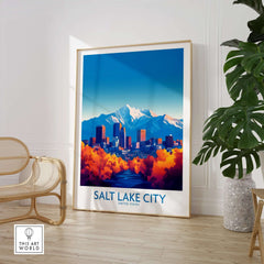 Salt Lake City Poster showcasing vibrant city skyline and mountains, perfect for Utah wall art.
