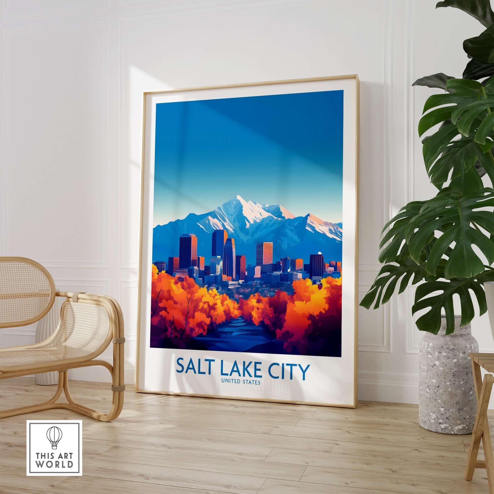 Salt Lake City Poster showcasing vibrant city skyline and mountains, perfect for Utah wall art.
