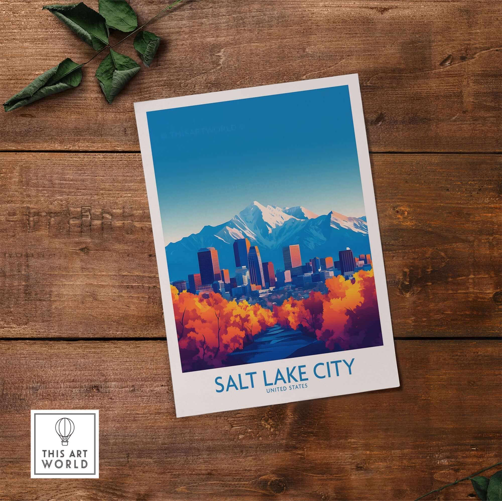 Salt Lake City Poster showcasing vibrant cityscape and mountains, perfect for Utah wall art lovers.