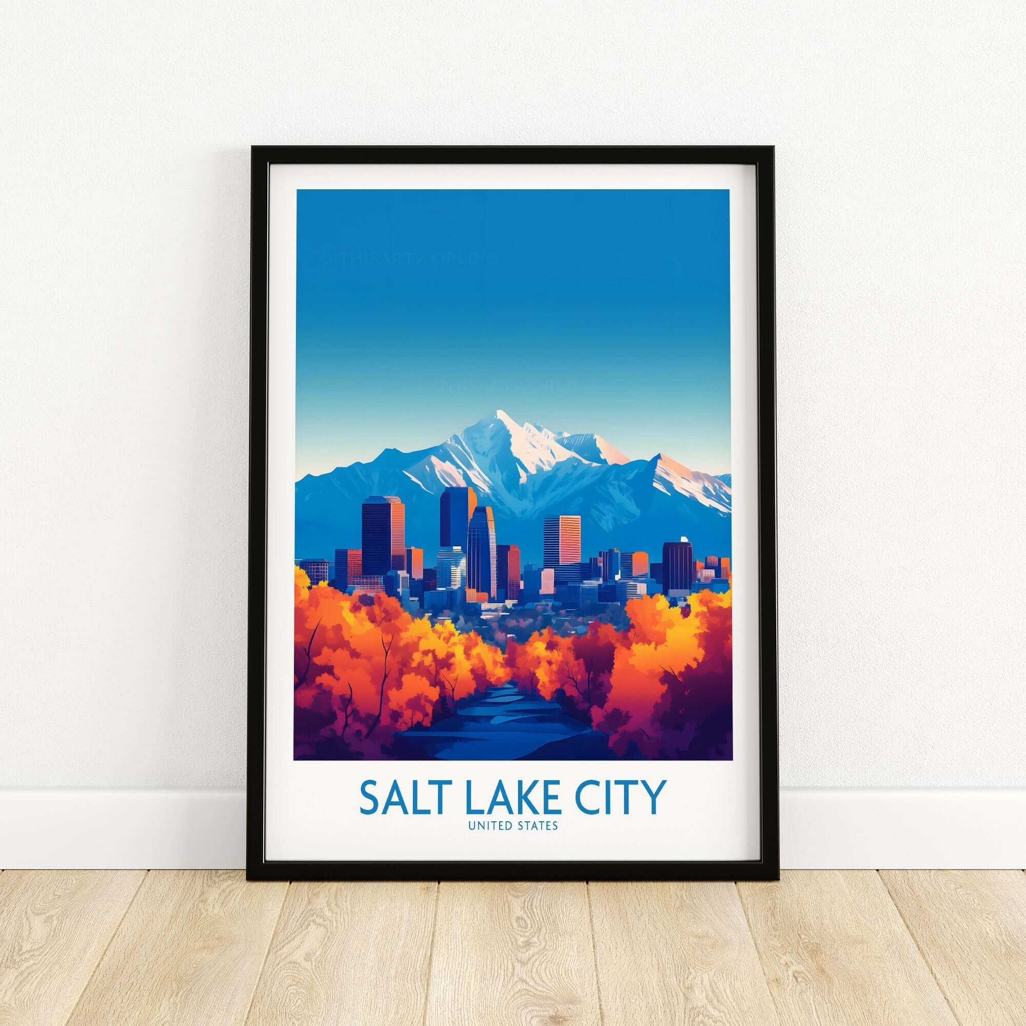 Salt Lake City Poster showcasing a vibrant view of Salt Lake City with mountains and urban skyline.