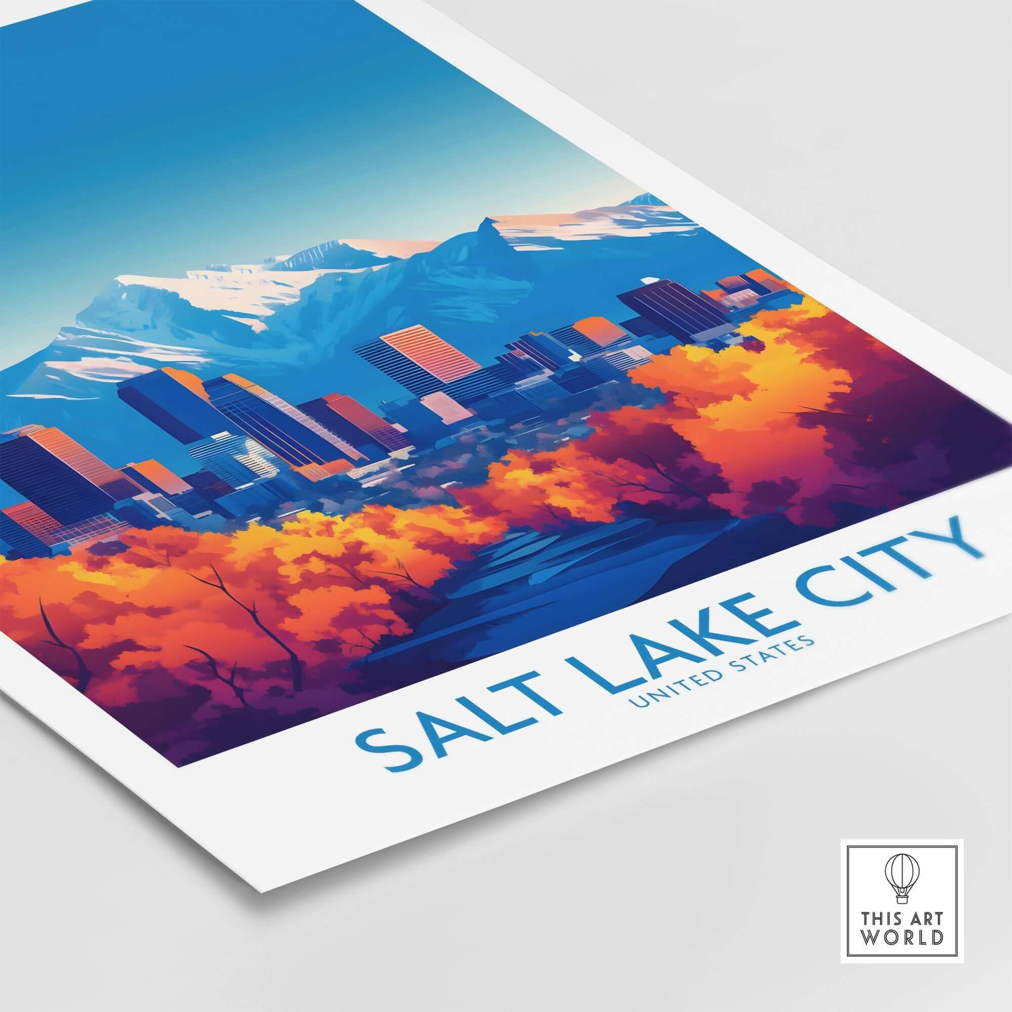 Salt Lake City Poster showcasing a vibrant cityscape with mountains and autumn colors, perfect Utah wall art.