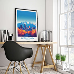Salt Lake City Poster displayed in a stylish workspace, showcasing vibrant colors and city landmarks.