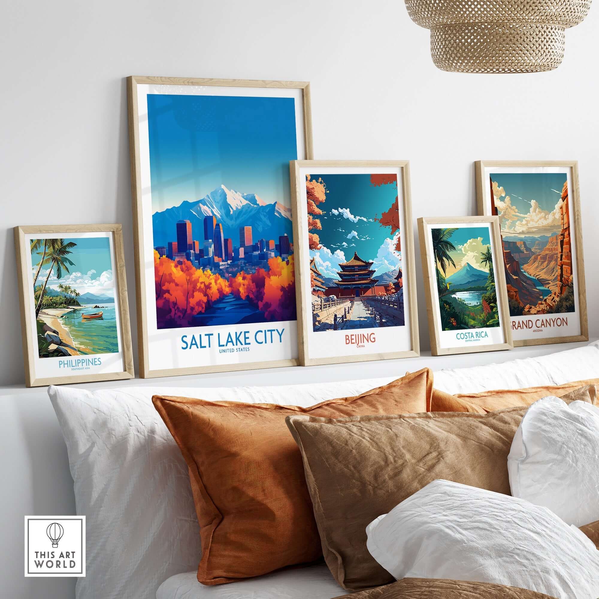 Salt Lake City Poster displayed among various travel posters on a stylish shelf, showcasing vibrant designs and landmarks.