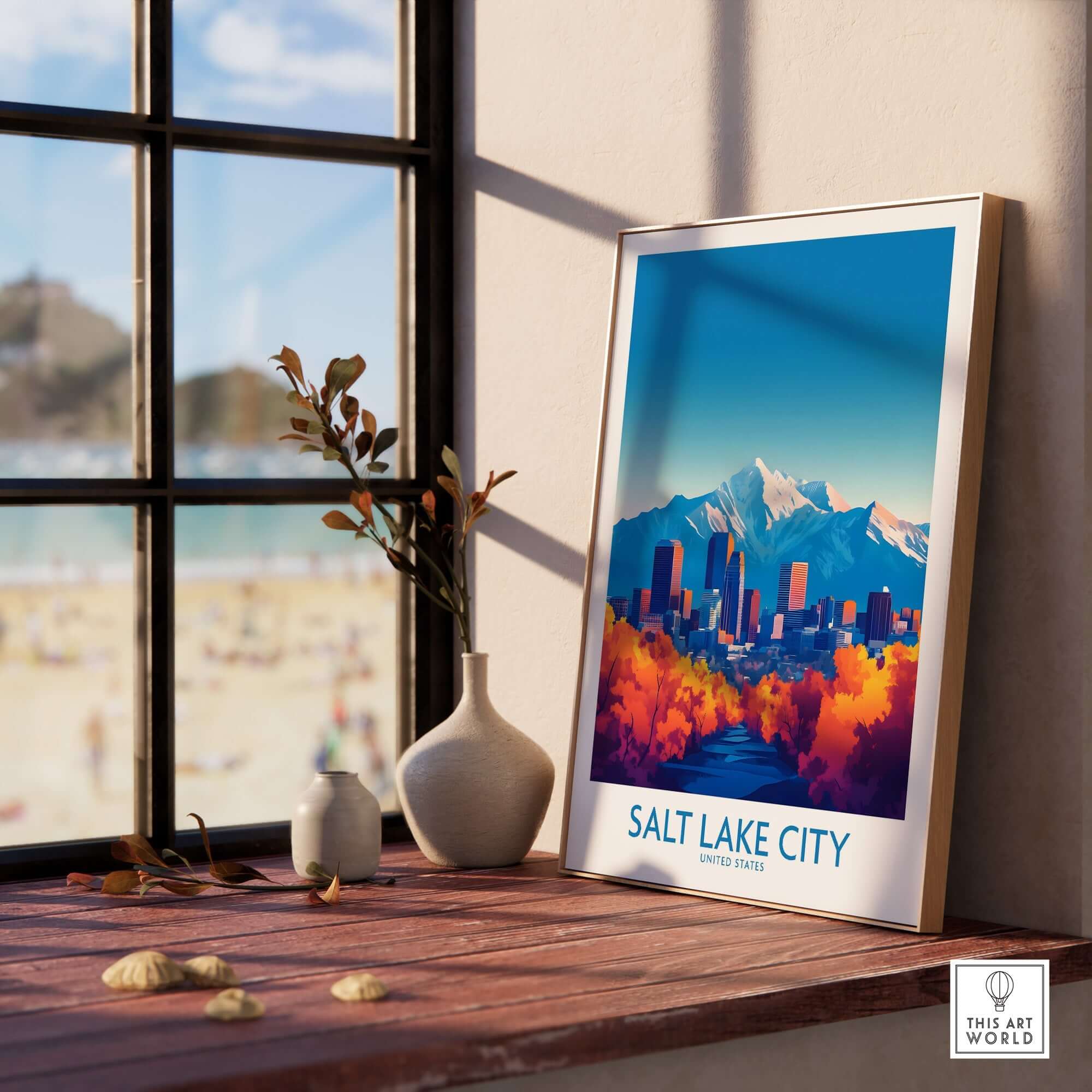 Salt Lake City Poster featuring vibrant cityscape and mountains, perfect wall art for home decor.