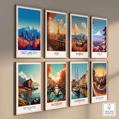 Salt Lake City Poster featuring vibrant landmarks and artistic flair in a collection of city posters on a wall.