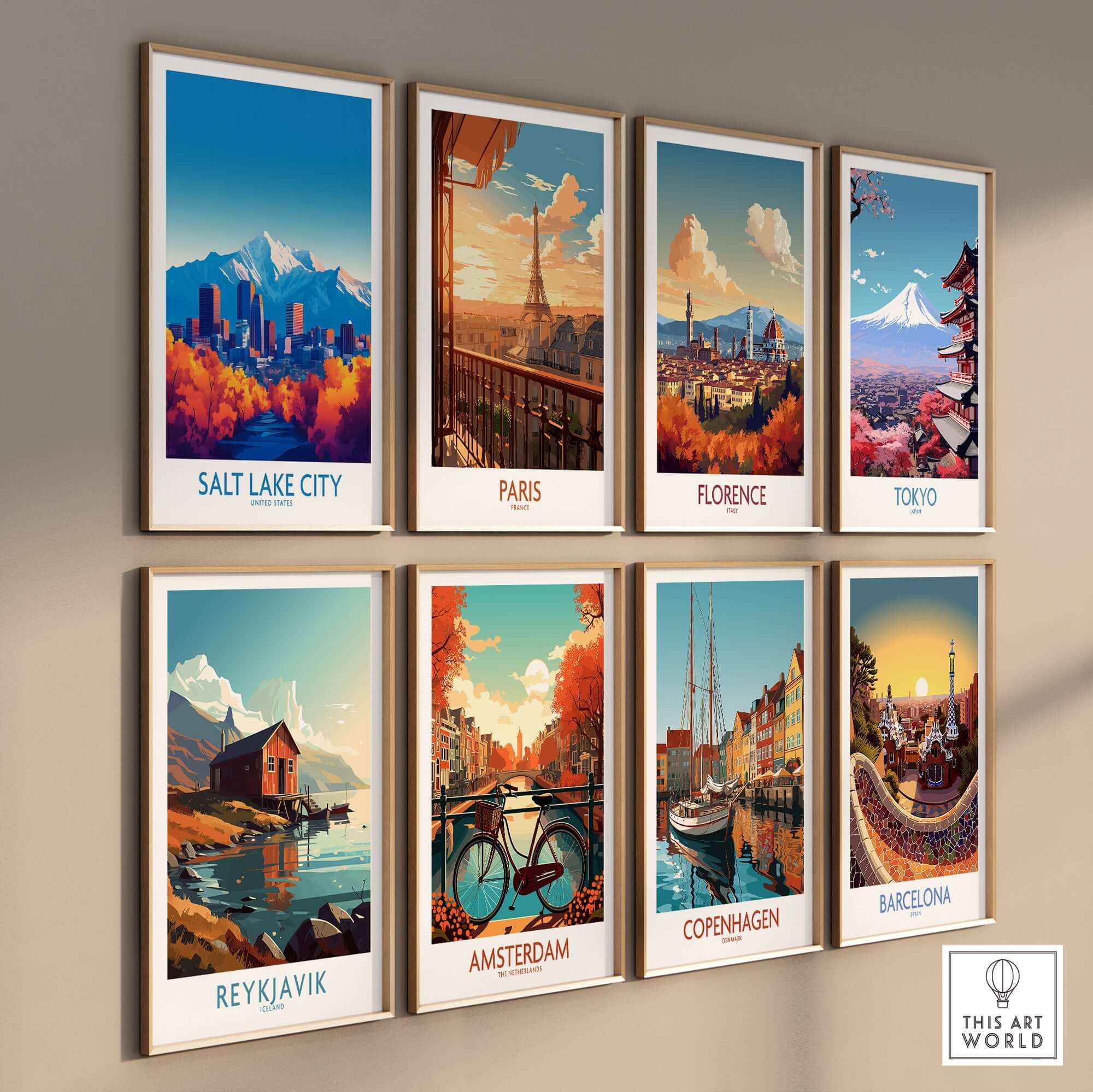 Salt Lake City Poster featuring vibrant landmarks and artistic flair in a collection of city posters on a wall.