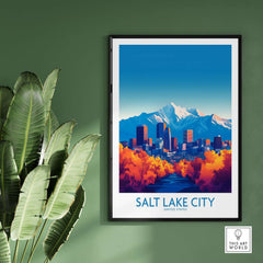 Salt Lake City Poster featuring vibrant skyline and mountains, perfect Utah wall art for home decor.
