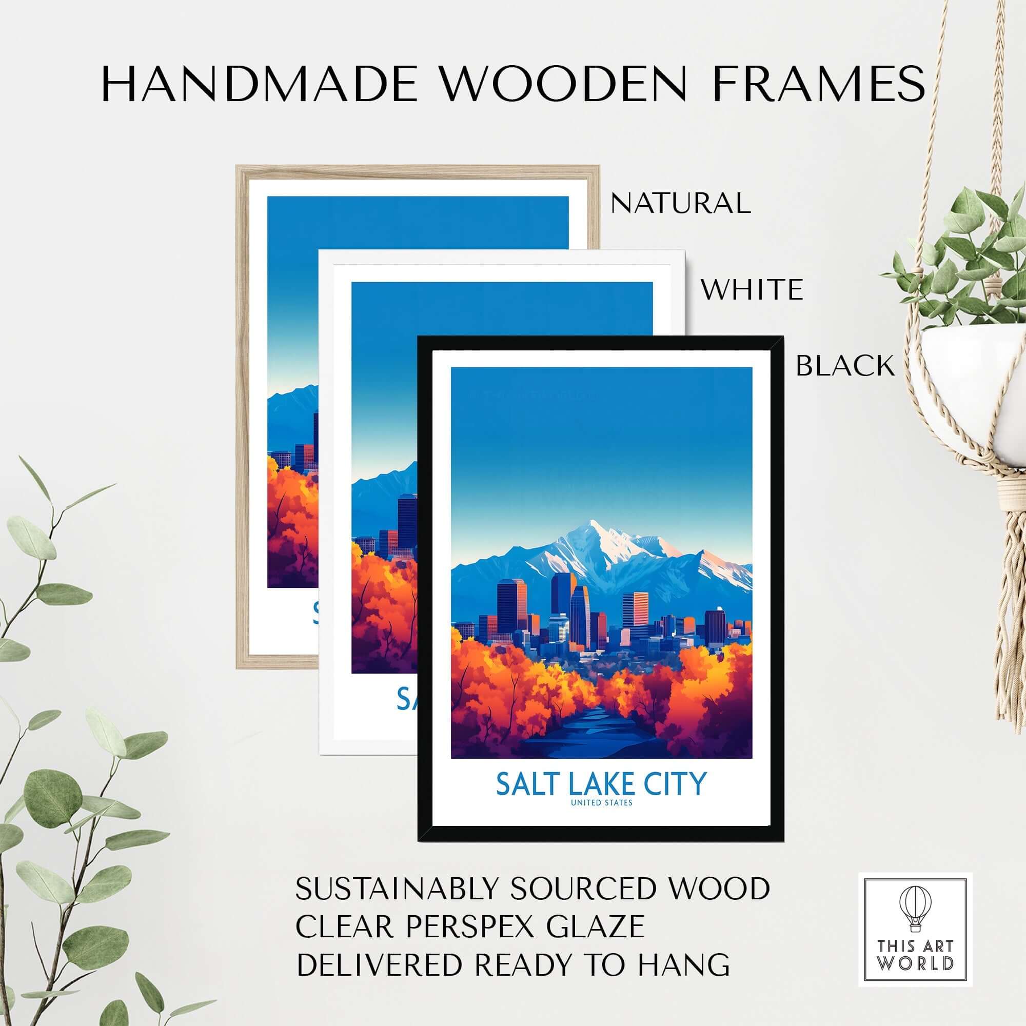 Salt Lake City Poster displayed in handmade wooden frames, featuring natural, white, and black options.