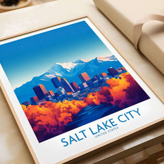 Salt Lake City Poster featuring vibrant city skyline and mountains, ideal for Utah wall art decoration.